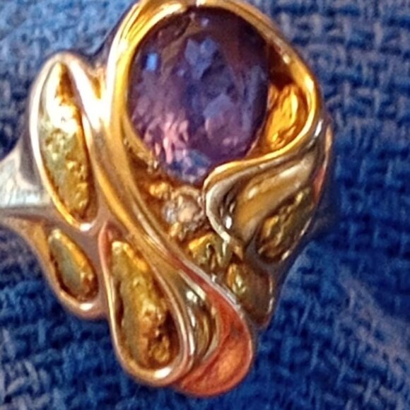 14k Gold Nugget Ring, 1.6 ct natural tanzanite and small diamond size 9-9.5 - Picture 9 of 11